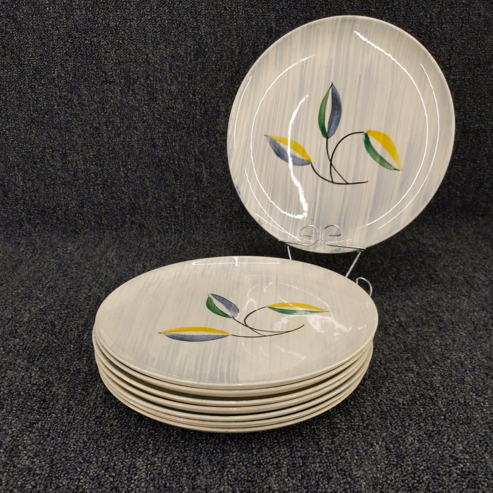 vtg 1950s Stetson Dinner Plates Set of 8 Gray Hand Painted Leaf 10.25" MCM 1954‎